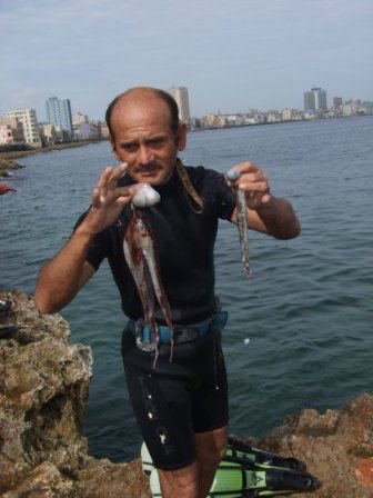 El buzo muestra los pulpos muertos por el petroleo derramado.