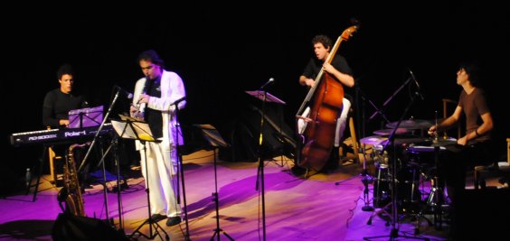 Ernesto Camilo Vega, on clarinet, with his band at the Havana Fine Arts Museum.