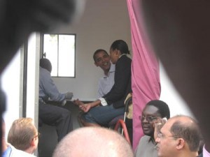 Barack Obama and wife Michelle get their fingers pricked for an AIDS test in their 2006 visit to Keyna.