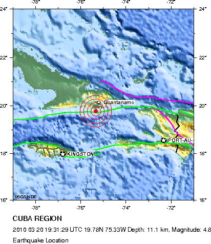 Imagen del USGS de una de las replicas del terremoto del 20 de marzo.