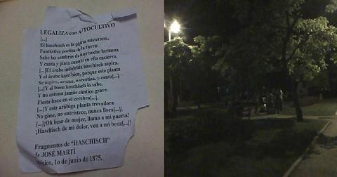 A la izquierda volante pro legalización de la marihuana, a la derecha jóvenes en parque de 23 y G.
