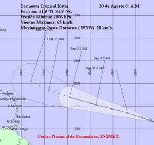 La tormenta tropical Katia a las 6:00 a.m. del 30 de agosto. Imágen: INSMET
