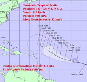 Cono de la tormenta tropical Katia a las 6 p.m del 31 de agosto. Grafico: INSMET